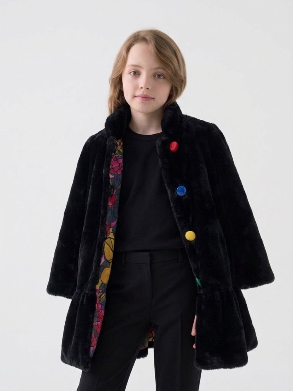 Girls Elegant Vintage Black Faux Fur Coat
